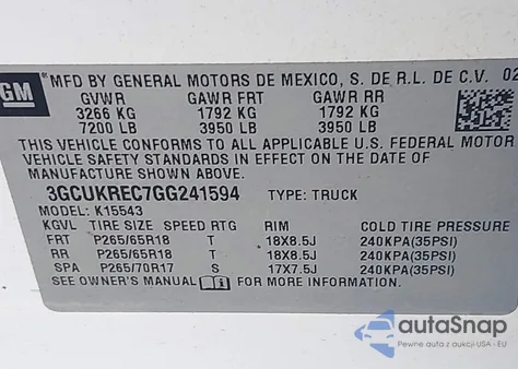 2016 Chevrolet Silverado K1500 Lt z USA, uszkodzony, nr VIN 3GCUKREC7GG241594